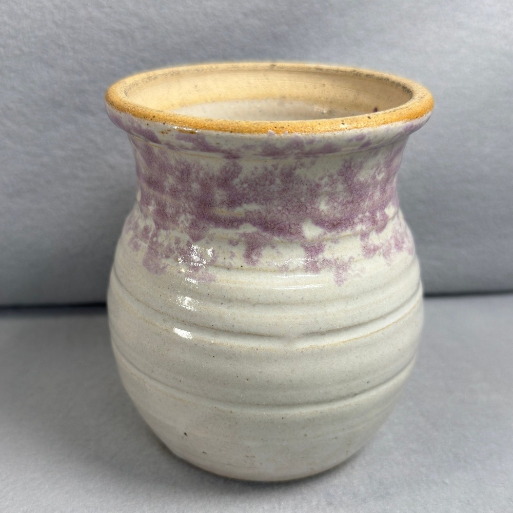 Rustic Studio Art Pottery Vase Small Cream Purple Drip Glaze Ceramic Stoneware
